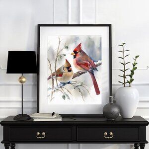 8x10 Cardinal with Girlfriend Love Birds Watercolor Oil Painting‎ Print